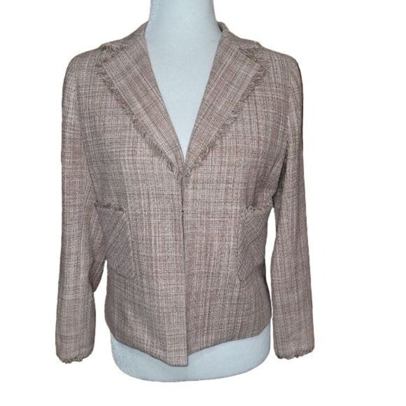 BCBG MaxAzria Women's Size Medium Tweed Fringed Silk Blazer Pink Tan Lined - Picture 1 of 11